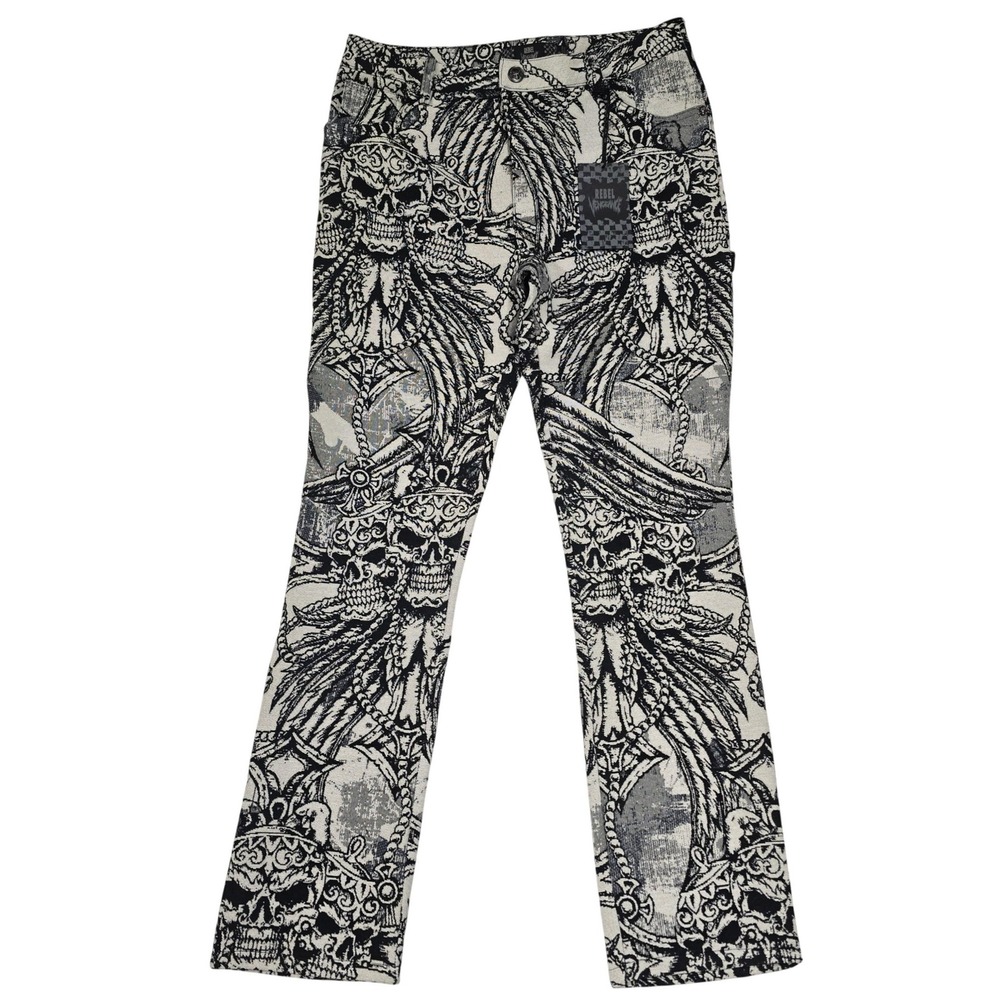 Rebel Vengeance Mens Skull Tapestry Pants Black White Jacquard Woven Size 30 NWT